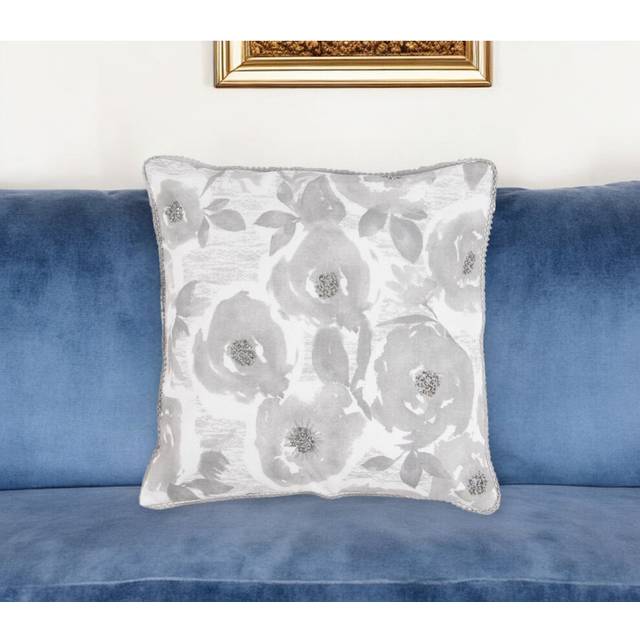18 Gray and White Floral Cotton Throw Pillow Cover With Beads