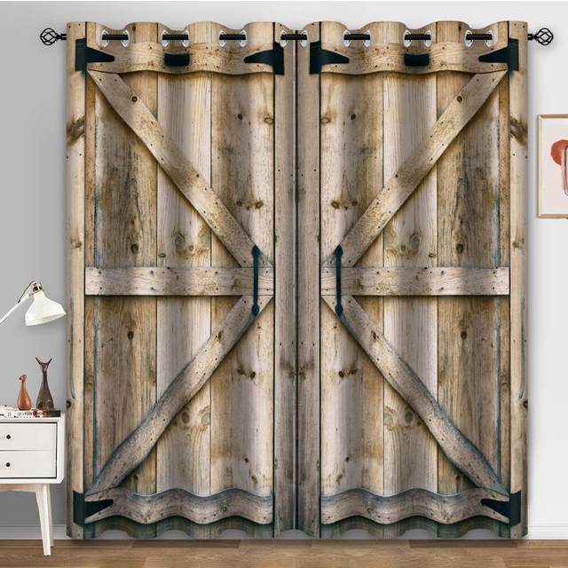 Aimego Western Vintage Wood Blackout Curtains - Country Barn Door Farm Retro Drapes Decor for Bedroom Living Room Window Darkening Curtain 2 Panel Set