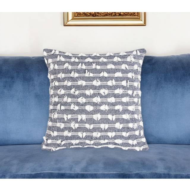18 Blue and White Striped Cotton Throw Pillow Cover With Fringe