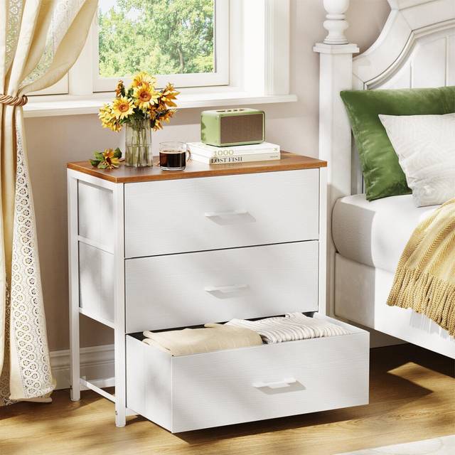 Memobarco Nightstand Farmhouse Night stand with 3 Storage Drawer Small Dresser for Bedroom Chest of Drawers Fabric Dressers with Steel Frame Wooden To