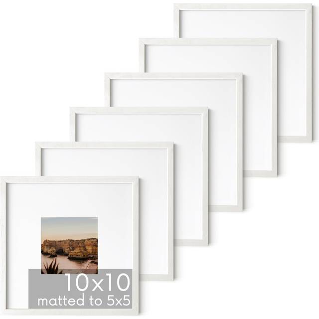 HAUS AND HUES Solid Oak Wood 10 x10  Picture Frames Matted to 5 x5  Set of 6 - Square White Picture Frames 10x10  White Frames 10 x 10  Gall