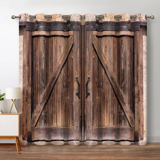 "Jekeno Rustic Wood Blackout Curtains Vintage Wooden Barn Door Farmhouse Home Bedroom Living Room Decor Brown Grommet Window Drapes 2 Panel Set  42""""x6"