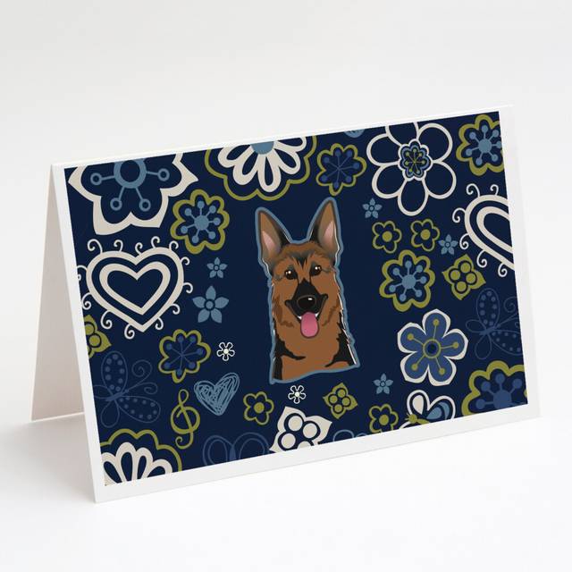 Blue Flowers German Shepherd Greeting Cards and Envelopes Pack of 8