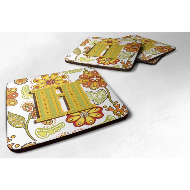 """""Caroline's Treasures CJ2003-HFC Letter H Floral Mustard and Green Foam Coasters (Set of 4)  3.5""""""""  Multicolor"""""