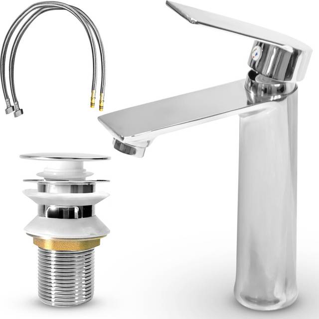 MSC Bathroom Sink Tap with Single Lever Design - Premium Chrome Basin Taps Single Hole with Waterfall Round Mixers, Cloakroom Brass and Supply Hose,
