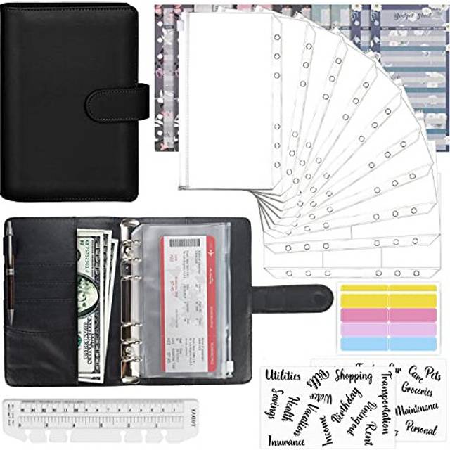 Mlife Ring Binder Set - 28pcs Leather Notebook Budget Binder with Clear Cash Envelopes,Budget Sheets and Label Stickers,Cash Organizer Money Saving