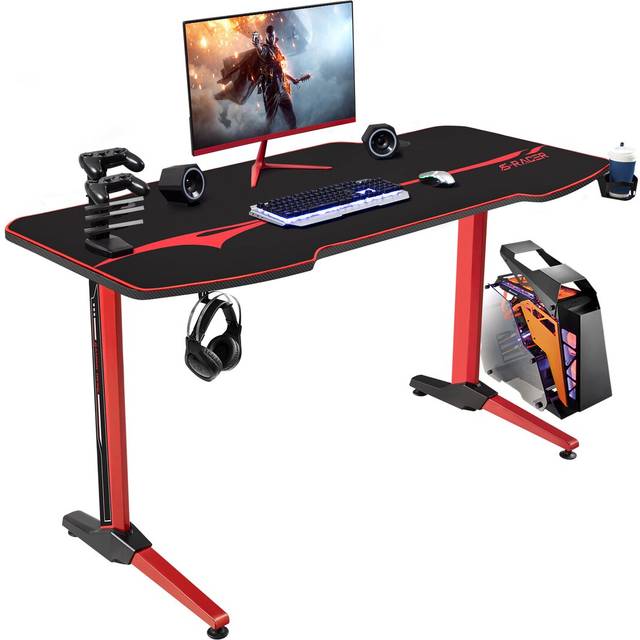 Metal Frame Computer Desk PC Gaming Desk With Cable Tray And Headphone Hook - Red (73.66cm H x 139.7cm W x 62.48cm D)