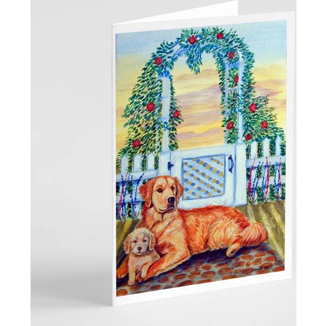 Golden Retriever and puppy at the fence Greeting Cards and Envelopes Pack of 8