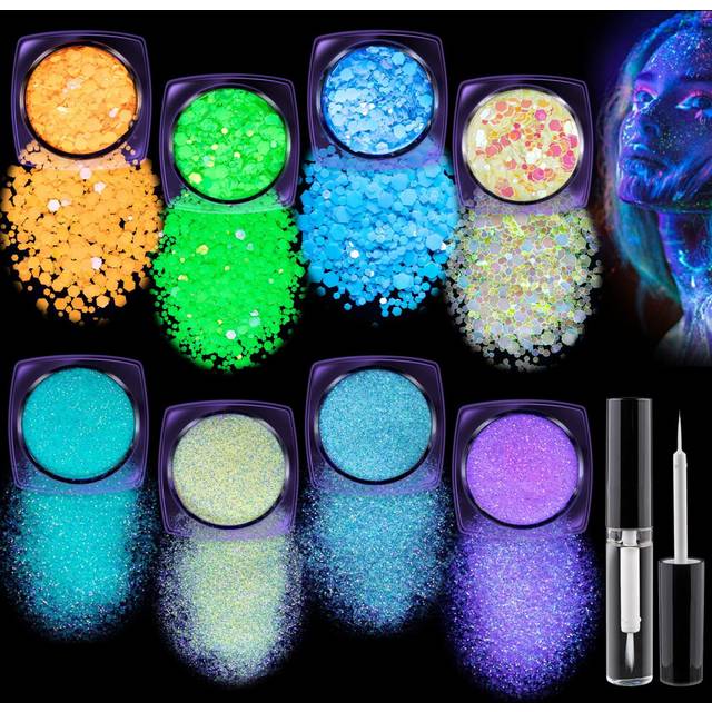 Holographic Chunky Glitter Glow in The Dark Glitter 8 Colors with Glue Set 2  Body Glitter Glow Glitter for Women Face Body Nail Hair Makeup
