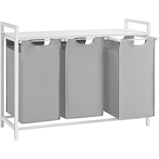VASAGLE tvättkorg 3 fack, tvättsamlare med hylla, tvättlåda, löstagbar tvättsäck av Oxford-tyg, metallram, 3 x 38 L, 92,5 x 33 x 72 cm, duvgrå BLH301W03