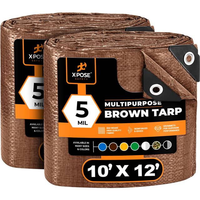 Multipurpose Protective Cover Brown Poly Tarp 10' x 12' 2-Pack - Durable  Water Resistant  Weather Resistant - 5 Mil Thick Polyethylene - by Xpose Saf
