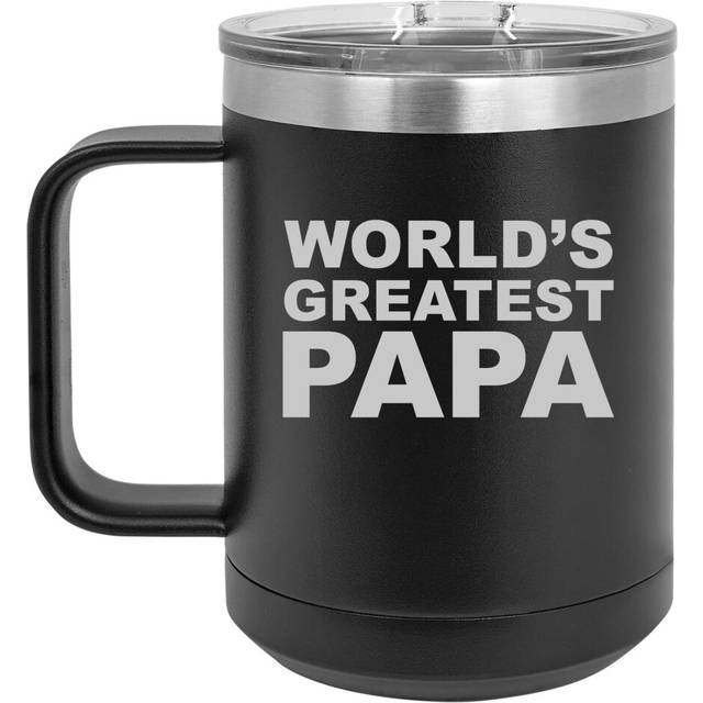 15 oz Tumbler Coffee Mug Travel Cup With Handle & Lid Vacuum Insulated Stainless Steel Worlds Greatest Papa (Black)