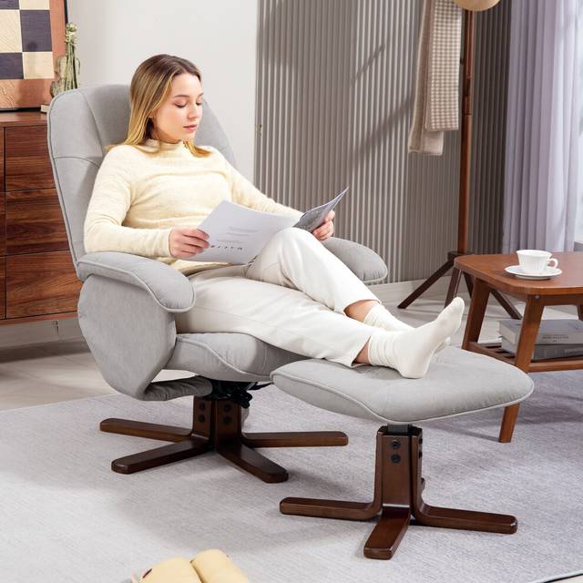HOMCOM Swivel Recliner Chair with Footstool & Wooden Base Light Grey