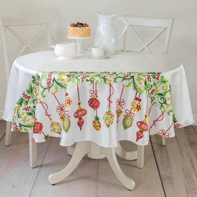 Benson Mills Holiday Trimmings Printed Fabric Table Cloth Holiday Winter and Christmas Tablecloth (70 Round)