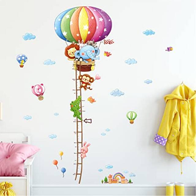 DAT-1606N Animal Hot Air Balloon Height Growth Chart for Kids Wall Stickers Cute Monkey Watercolor Decals Removable for Nursery Bedroom Living Room