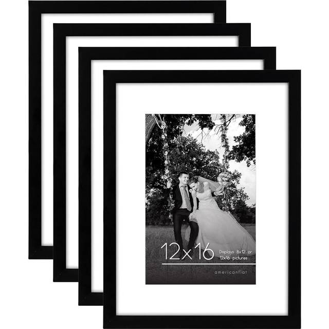 Americanflat 12x16 Picture Frame in Black - Set of 4 - Use as 8x12 Picture Frame with Mat or 12x16 Frame Without Mat - Engineered Wood with