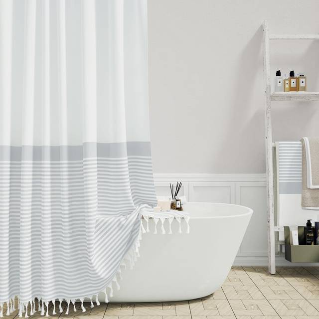 Dynamene Stall Fabric Shower Curtain, 54x78 Modern Farmhouse Grey and White Boho Striped Cloth Shower Curtain with Tassels, Hotel Luxury Bathroom Show