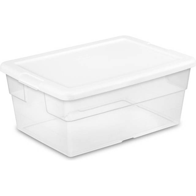 Sterilite 16 Qt Storage Box  Stackable Bin with Lid  Plastic Container to Organize Shoes and Crafts on Closet Shelves  Clear with White Lid  12-Pack