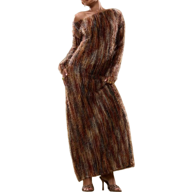 MUSERA Vintage Asymmetrical Neck Knit Maxi Sweater Dress Spring Casual Y2k 90&#39;s Stripe Fluffy