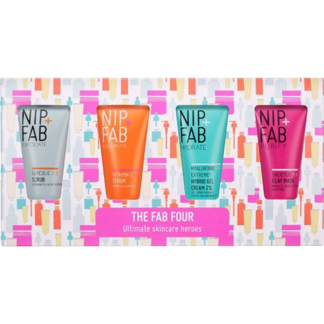 Nip + Fab The Fab Four Gift Set, Includes Bestselling Glycolic Scrub, Vitamin C Serum, Hyaluronic Hybrid Gel Cream and Salicylic Clay Mask, Perfect