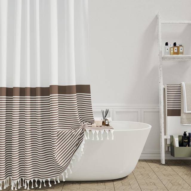 Dynamene 78 Inches Long Shower Curtain, Farmhouse Boho Striped Fabric Tassel Shower Curtains for Bathroom, Tall Bohemian Textured Waterproof Cloth Sho
