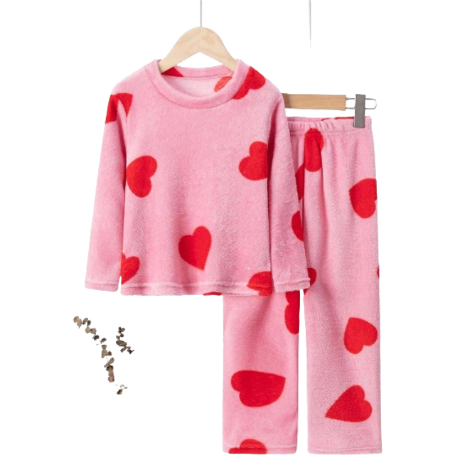 SHEIN 2pcs Girls Flannel Pajama Set, Warm Thickened Loungewear With Heart Print, Autumn/Winter