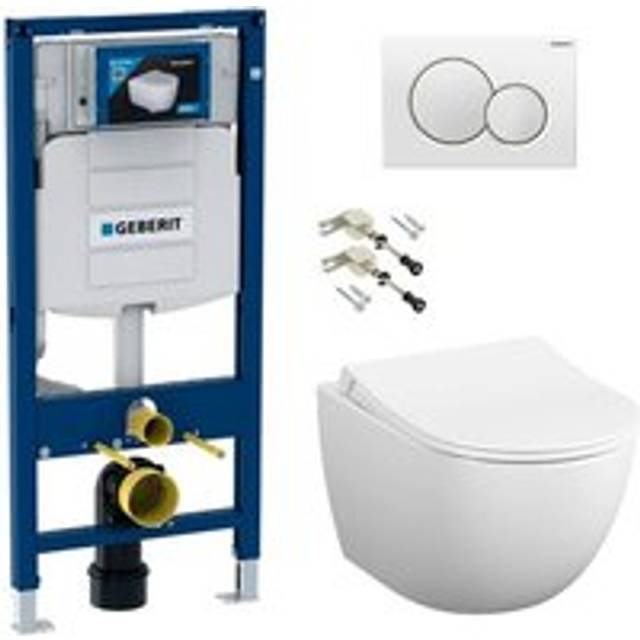 Toilet Pack Duofix UP320 Frame + Sento SmoothFlush Rimless Toilet + Soft-Close seat + White Flush Plate (GebSento-B) - Geberit