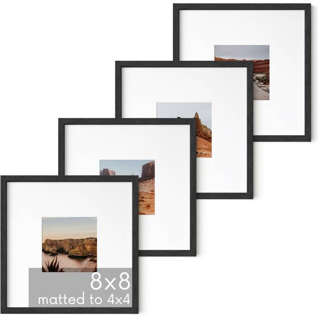 HAUS AND HUES Solid Oak Wood 8   x8    Picture Frames Matted to 4   x4    Set of 4  Black Square Photo Frames  Black Frames for