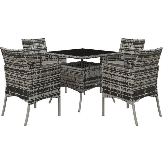 Outsunny Rattan Outdoor Dining Table and Chairs for 4 with Cushions - Grey | TJ Hughes