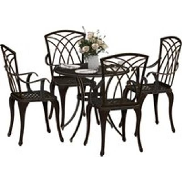 Outsunny 5 Pieces Garden Dining Set for 4, Cast Aluminium Outdoor Dining Set with 4 Armchairs and Round Dining Table with Parasol Hole, Garden Furnitu