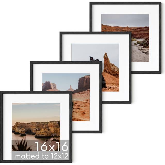 HAUS AND HUES Solid Oak Wood 16   x16    Picture Frames Matted to 12   x12    Set of 4  Black Square Frames 16x16  Square Pictu