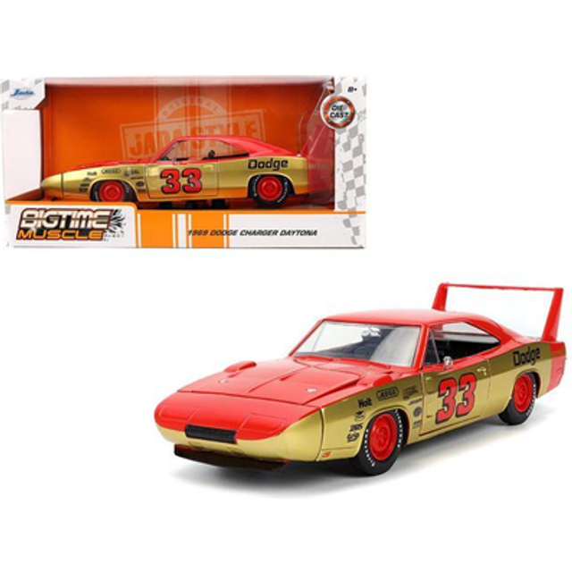 1969 Dodge Charger Daytona 33 Red and Gold Metallic with Graphics "Bigtime Muscle" Series 1/24 Diecast Model Car by Jada
