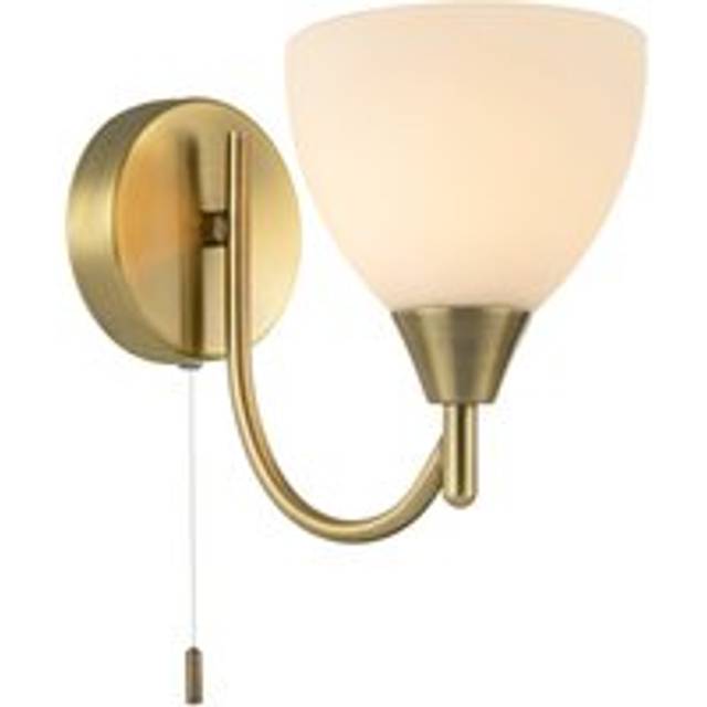 Contemporary pull switched wall light in antique brass with white glass shade...