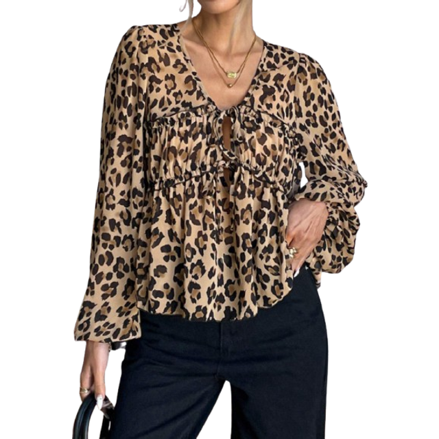 Serisse Women&#39;s Front Tie Long Sleeve Leopard Print Casual Shirt,Babydoll Lace-Up Blouse,Twisted Texture,Suitable For Spring, Summer And Autumn