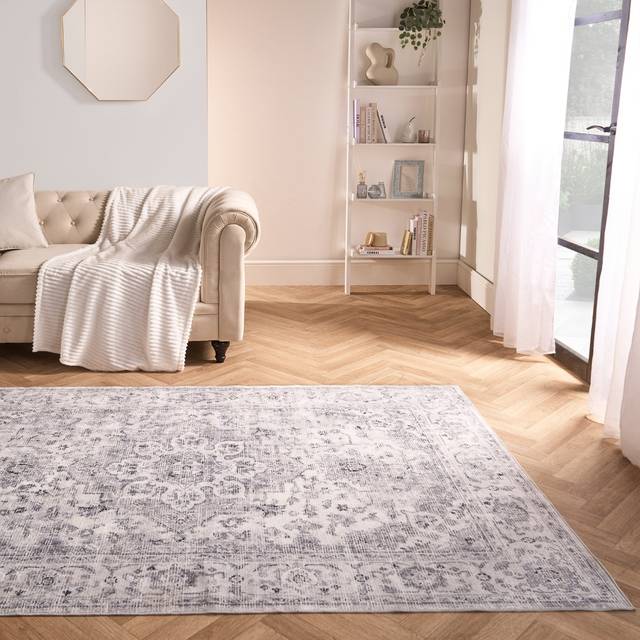 OHS Washable Vintage Printed Rug, Grey - 80 x 150 cm