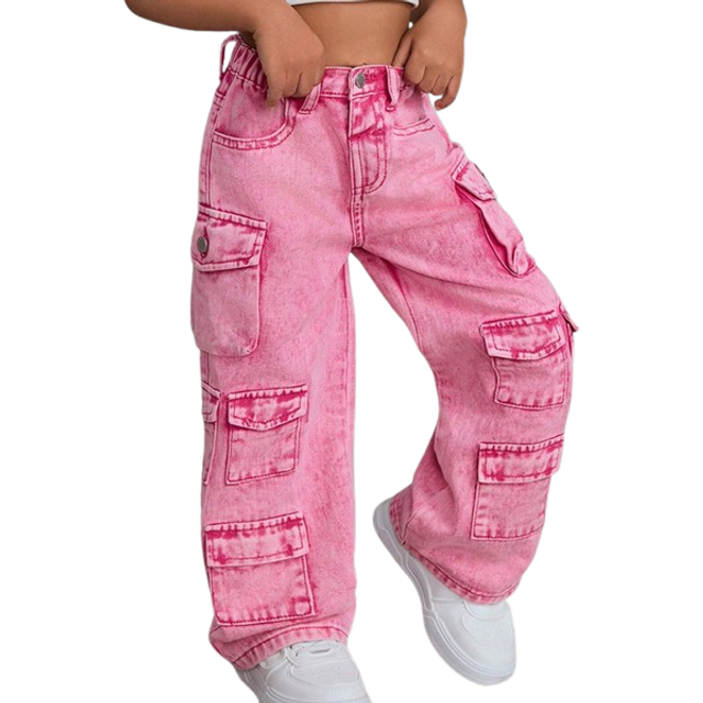 SHEIN SLAYR KIDS SLAYR KIDS Young Girl Pink Denim Loose Wide-Leg Pants Pink Cargo Pantskids Cargo Pants Girly2k Pants For Young Girl