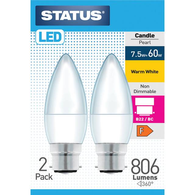 Pack of 2 Status LED 7.5W Candle Pearl Lightbulbs - Bayonet Cap / BC