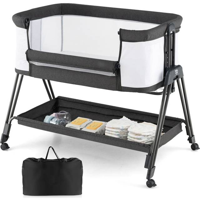 Costway Grey Baby Bedside Crib with Mattress - 90 x 60 x 14cm