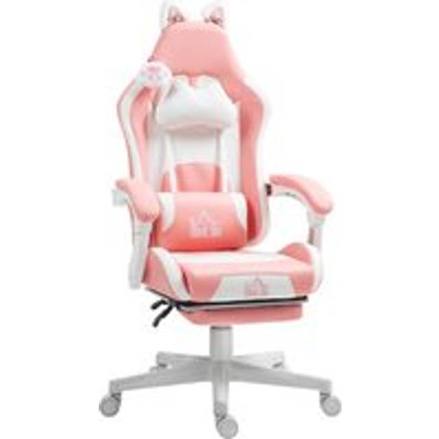HOMCOM Cat Ear and Paw Reclining Office Chair, with Footrest - Pink/White