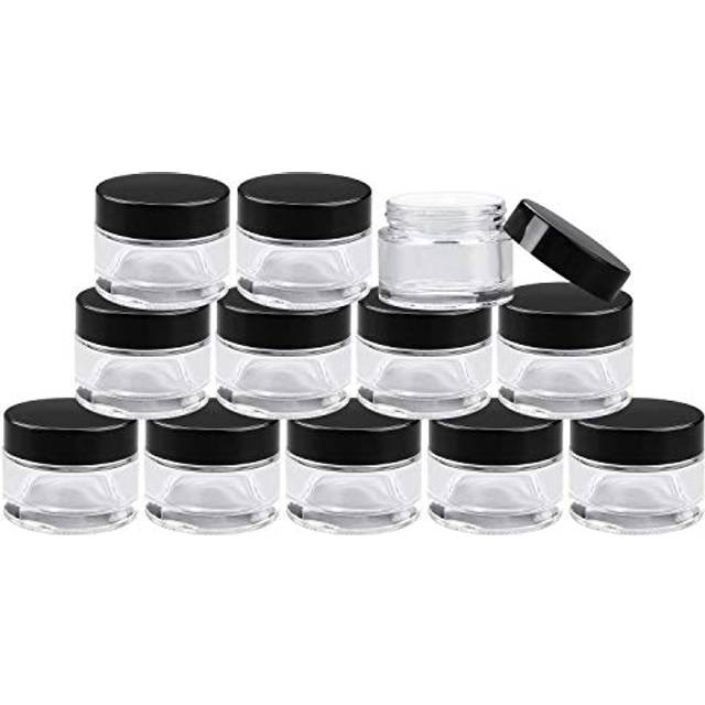 Encheng 30 Pack of 2 oz Clear Round Glass Jars with Inner Liners and black Lids Empty Cosmetic Containers Cream jars