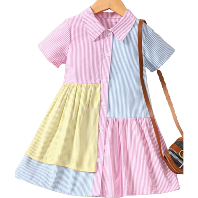 SHEIN Toddler Girls Colourblock Striped Print Shirt Dress