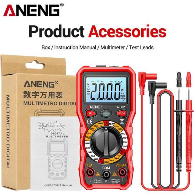 (red, with box) Aneng Sz302 Digital Multimeter Ac/dc Votage Current Automatic Tester Ncv Detector Resistance Ohm Ammeter Capacitance Meter