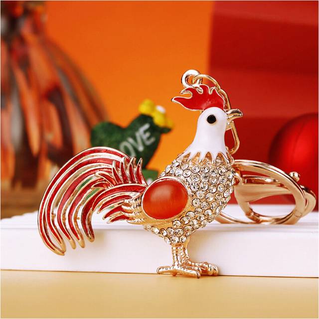 (Red Tail Rooster) Unique And Stylish Rooster And Hen Keyring With Red Rope Ideal For Friends Family Gifts
