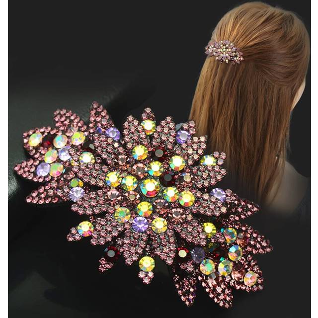 (Dark Purple) Rhinestone Hair Barrette Vintage Flower Leaf Hair Clip Shiny Silver Floral Hairpin No Slip Ponytail Holder Slide Clip Glitter French Dec