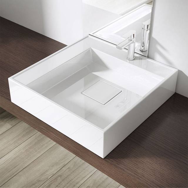 Durovin Bathrooms Luxurious Stone Resin Bathroom Basin - Wall Hung Or Countertop Mount Square Bathroom Sink 500 x500  - Concealed Waste