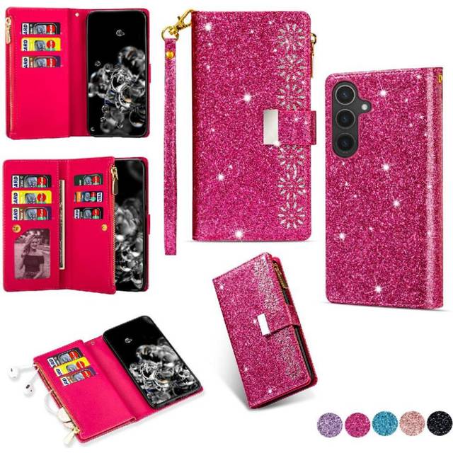 (rose red ) Glitter Wallet Case for Samsung Galaxy A36 Zipper Pocket Kickstand Magnetic Wrist Strap Wallet Case Card Holder
