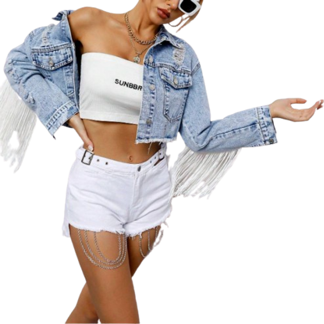 SHEIN Fringe Raw Hem Button Front Crop Denim Jacket