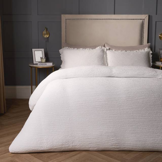 Seersucker Bedding Duvet Cover Set Fill Edge Pillowcase Hotel - White - Double