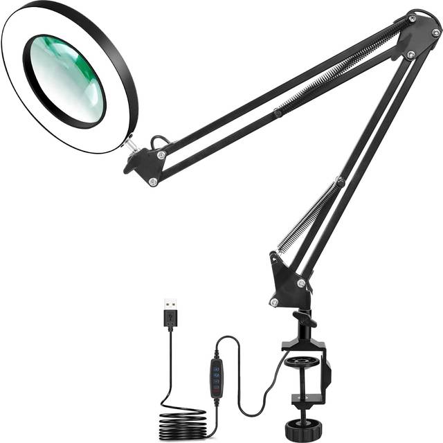 LED Magnifying Lamp with Clamp, NEWACALOX 3 Color Modes, 5-Diopter 4.1â³ Real Glass Lens, Adjustable Swivel Arm Lighted Magnifier Table Light for