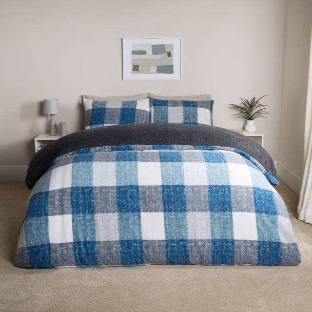 OHS Gingham Check Teddy Duvet Set, Navy - Single - Blue